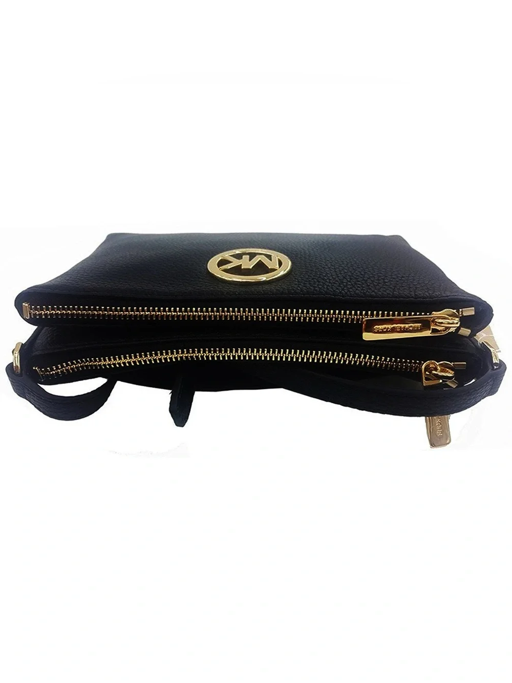 Michael Kors Black Leather Crossbody Purse Fulton Pebbled Gold Hardware Bag
